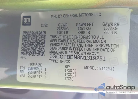 2022 Chevrolet Colorado 4Wd Short Box Wt из США, поврежденный, VIN 1GCGTBEN8N1319251